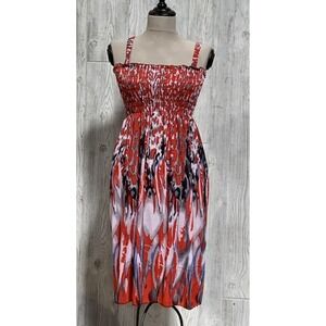 NWT Red Black Gray Mottled Batik Print Stretch Midi Dress Sundress L #12